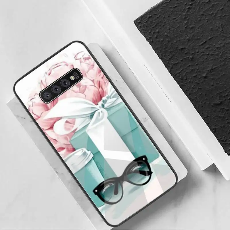 

Blue Gift Box White Bow Phone Case Tempered Glass For Samsung S20 Plus S7 S8 S9 S10 Plus Note 8 9 10 Plus