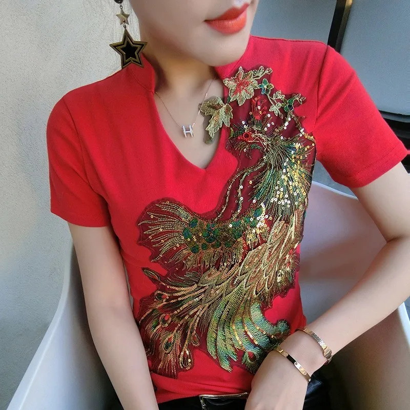 Китайский стиль винтажные женские цветочные футболки с пайетками и вышивкой