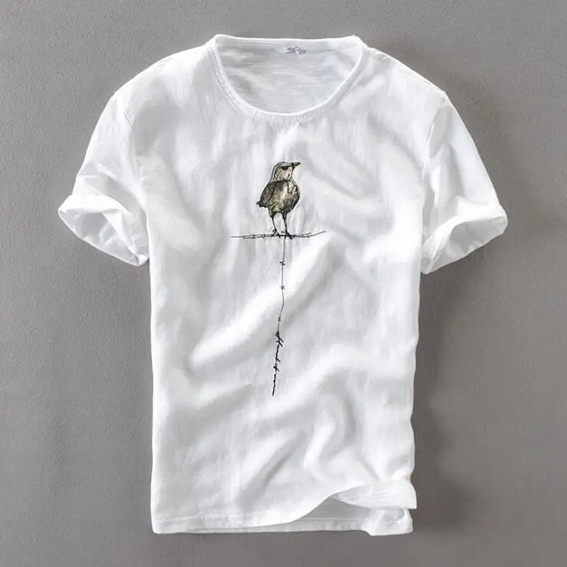 

Men Summer Fashion Brand Japan Style Funny Bird Cartoon Embroidery 100% Linen Thin Breathable T-shirt Male Casual Pullover Top