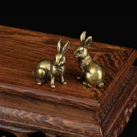 1 pair antique copper zodiac lucky rabbit statue ornaments vintage solid brass animal miniature figurine tea pet desk decoration
