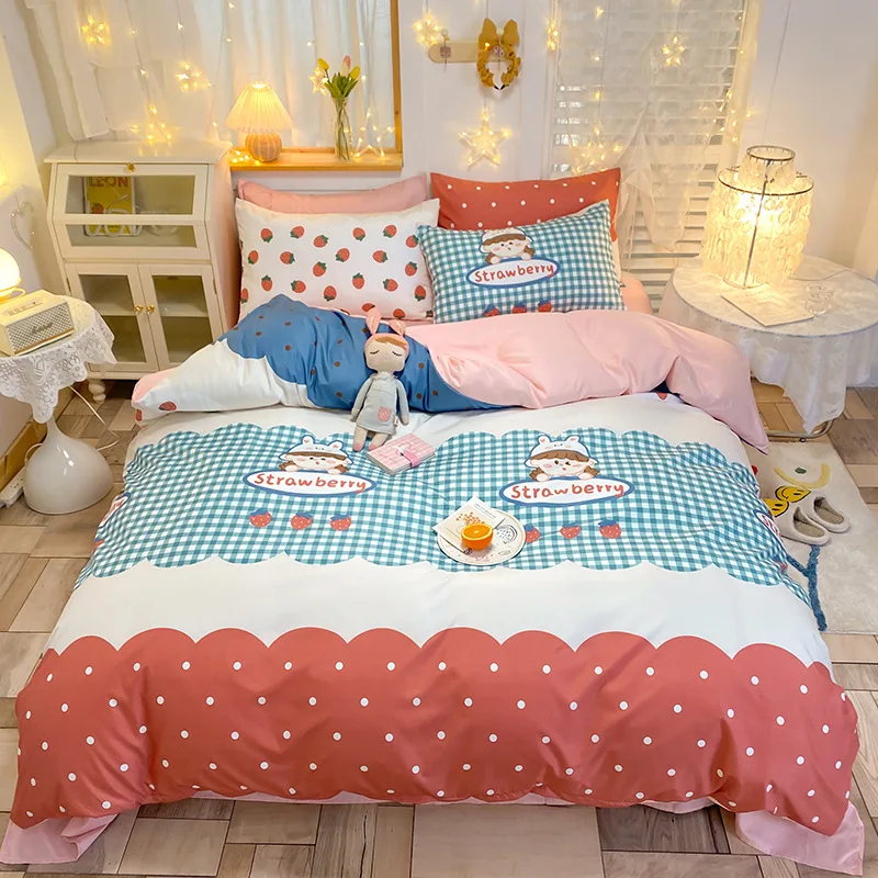 

Summer Cartoon Bed Sheet 4PCS Ice Silk Duvet Cover Bed Sheet Pillowcase Summer Silky Bed Set Full Size Comforter Sets
