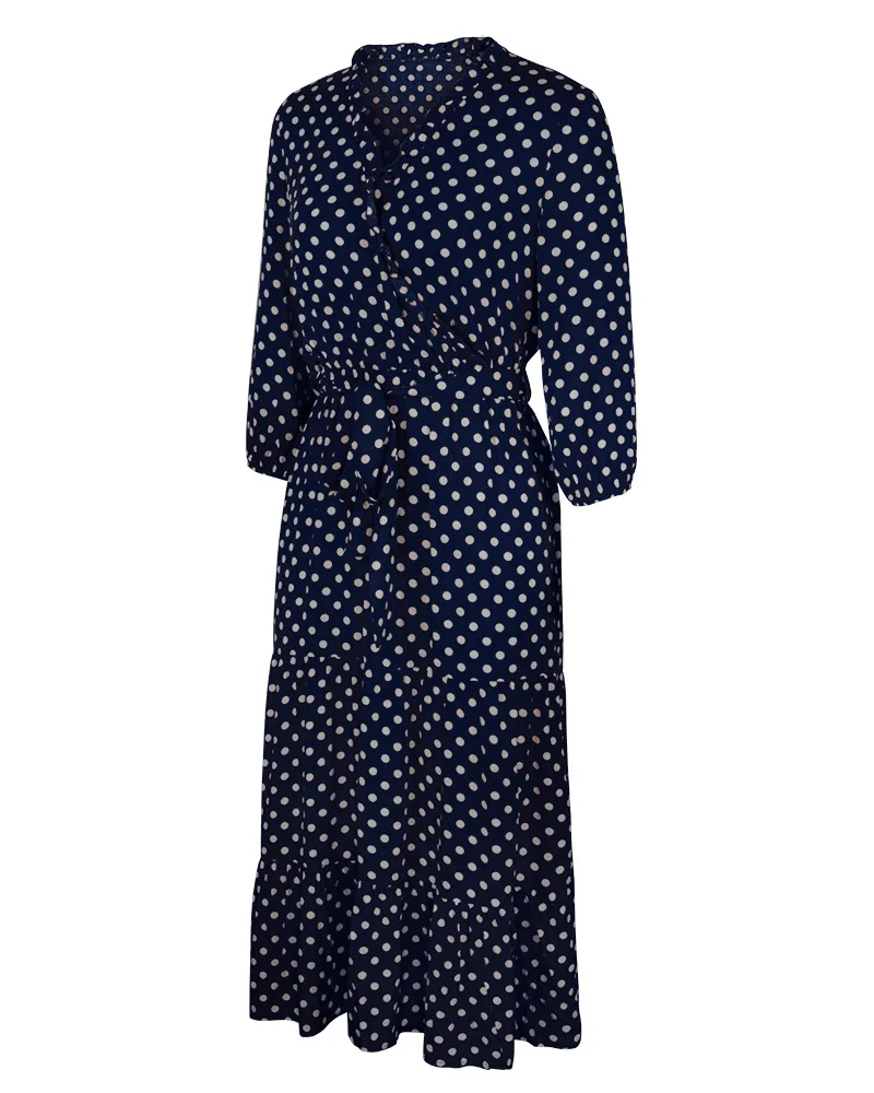 

Women Polka Dot Dresses 2021 New Spring Autumn Three Quater Sleeve V Neck Long Dress with Sashes Ruffle Robe Femme