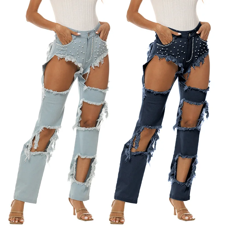 

New Arrivals Women Solid Ripped Jeans 2020 Autumn Streetwear Lady's High Waist Hollow Out Beading Tassels Straight Denim Pants