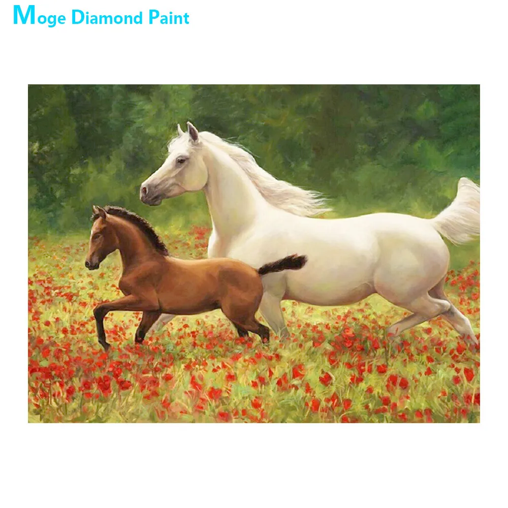 Лошадь бегущая среди цветов алмазная живопись животных круглая полная вышивка