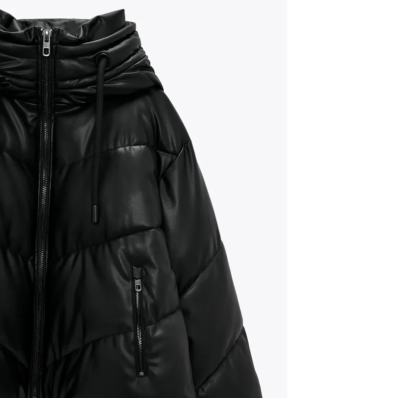 

Women Elegant Zipper A Line Cotton Jackets Female Ladies Winter Thick Casual Hooded Parkas Women Fashion PU Leather Coats
