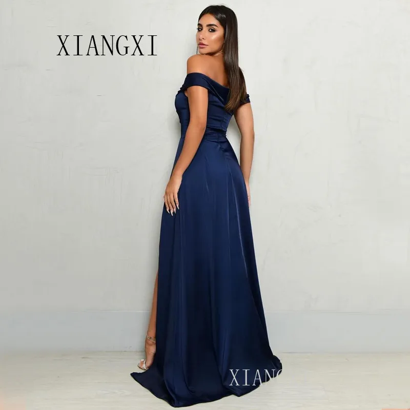 

Navy Blue Evening Dresses Long Satin A-Line Off The Shoulder High Split Formal Evening Dress Party Gowns Vestidos