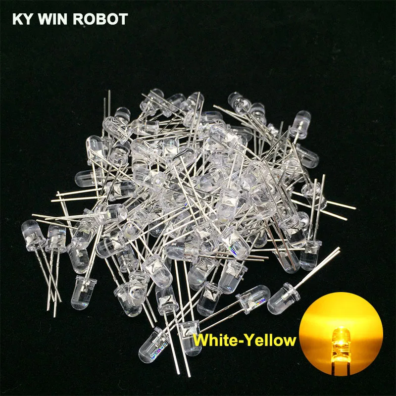 100pcs White-Yellow 100 шт. 5 мм светодиодный Диод 5 мм Ассорти комплект белый зеленый красный синий желтый оранжевый розовый фиолетовый теплый белый DIY светильник светодиод - Цвет: 100pcs White-Yellow