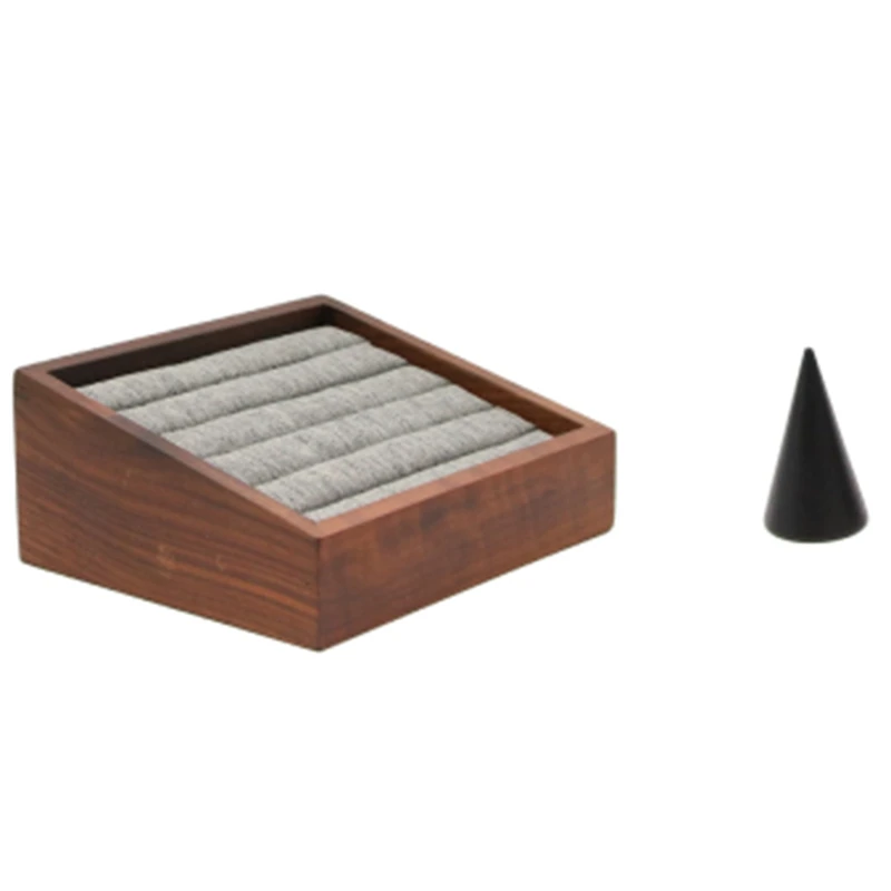 

2Set Ring Display Holder Pendant Earrings Display Stand with Imitation Walnut Color Ring Plate Earring Display Stand