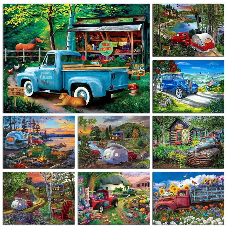 DIY 5D Diamond Painting Landscape Full Square/Round Truck Diamond Embroidery Forest Hut Pictures Of Rhinestone Mosaic Home Decor