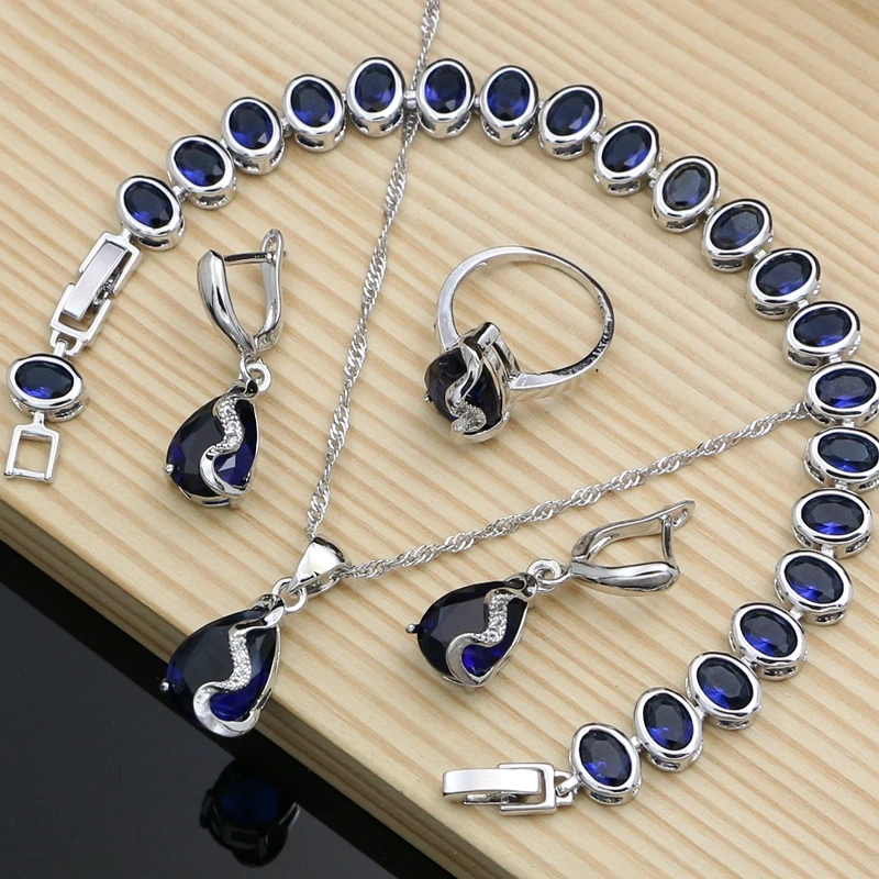 

5 Colors Silver 925 Jewelry Sets Drop Cubic Zircon Bridal Jewelry Kits Charm Stone Necklace 4pcs Gift for Her
