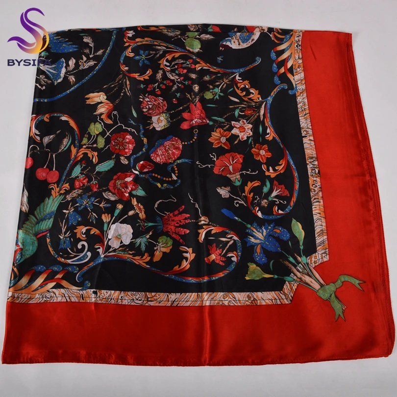 Женский атласный шарф с цветочным рисунком [BYSIFA] красно-черный квадратный