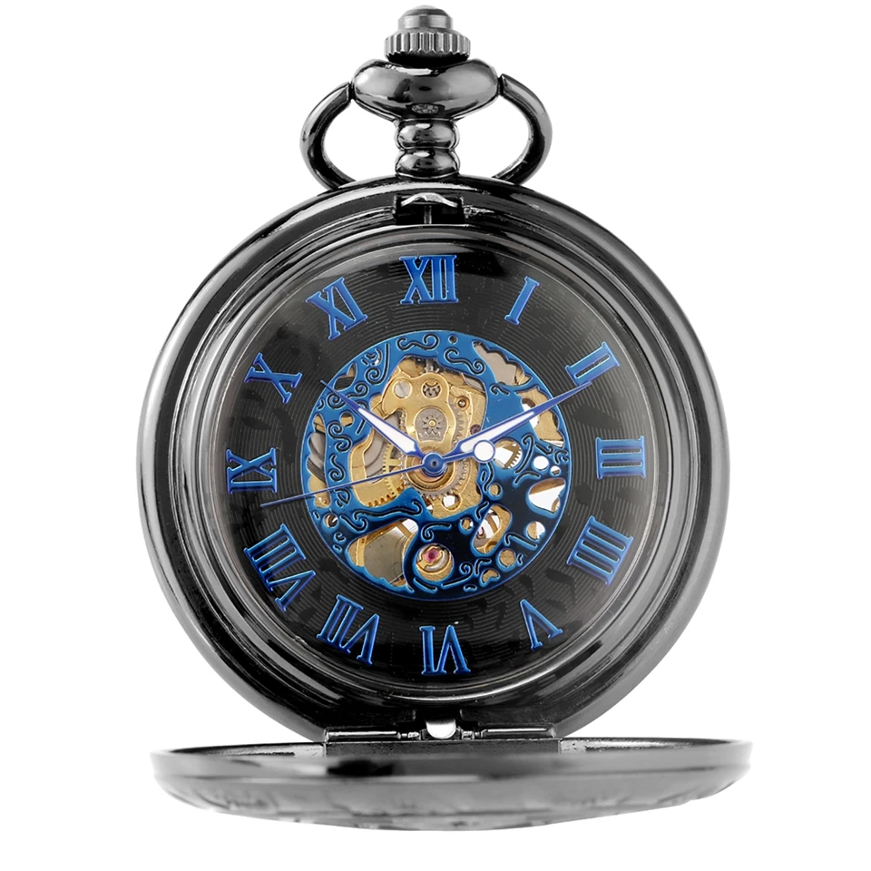 Multilateral Rhombus Hollow Flowers Case Hand Winding Mechanical Pocket Watch Retro Blue Skeleton Dial FOB Chain Luxury reloj | Наручные