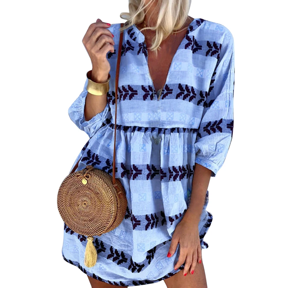 

V Neck Gifts Fashion Loose Soft Splice Beach Summer Vacation Mini Women Dress Printed Polyester Casual