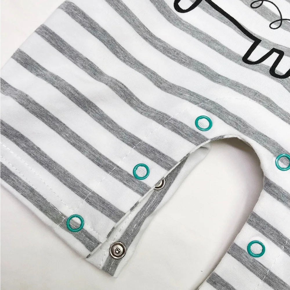 

Baby Gray Striped Short Sleeve Dinosaur Jumpsuit Summer Romper for Baby Boys Girls