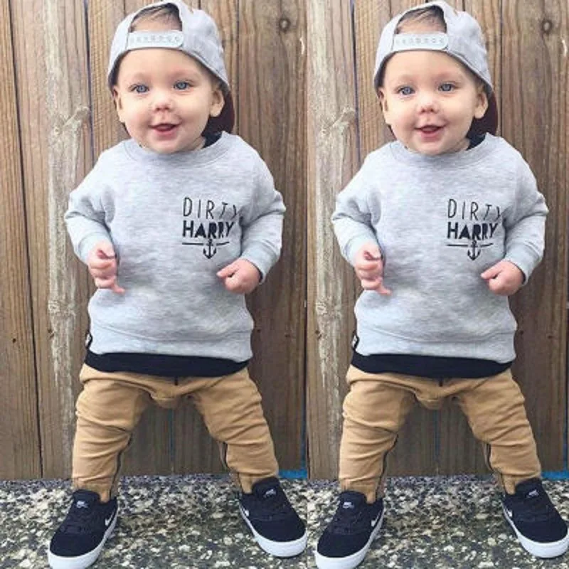 2019 Trend Style Newborn Kids Baby Clothing Sets &quotScallywag Crew&quot Grey Cotton Tops+ Khaki Pants Casual Clothes Outfits |