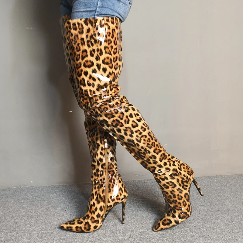 

Женские ботфорты на молнии, леопардовые сапоги выше колена на высоком каблуке, большие размеры 35-47, X1869, для осени и зимы, 2021