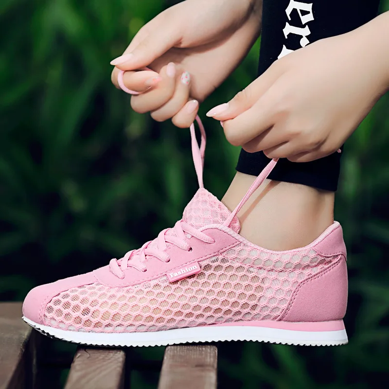 Fashion Pink Hollow Out Mesh Women Sneakers Summer Comfortable Cheap Sports Shoes Women Lace up Lightweight Running Sport Shoes