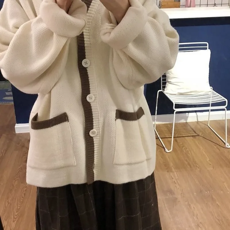 

Women Cardigan Turn-down Collar Pockets Printed Loose Retro Young College Students Ulzzang 2021 Elegant Outwear Sweater Females