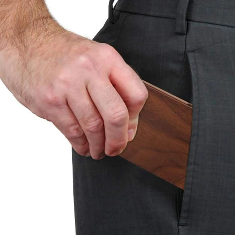 

Natural Wood Business Card Holder Pocket Slim Business Card Credit Black Walnut Color Business Magnetic Card Case