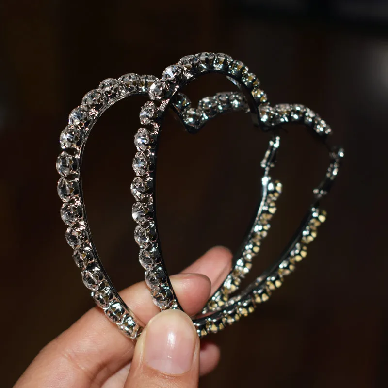 7.5cm Heart silver Разноцветные блестящие стразы, большие серьги-кольца для женщин, модные ювелирные изделия, богемные коллекционные серьги, аксессуары - Окраска металла: 7.5cm Heart silver