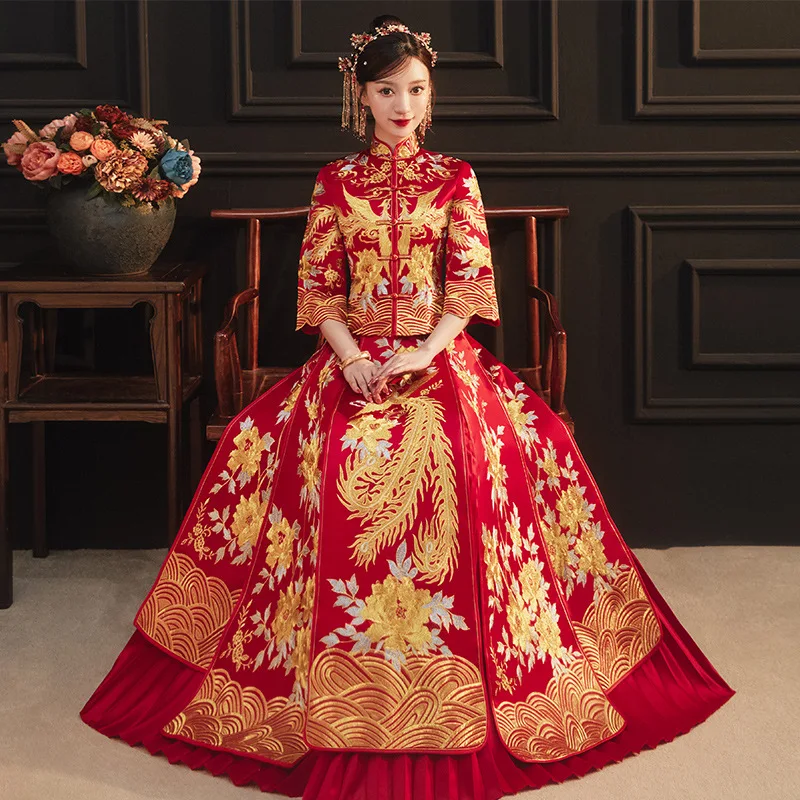 

Summer High Quality Phoenix Peony Embroidery Cheongsam Chinese Traditional Bride Wedding Dress Qipao Marry Clothes