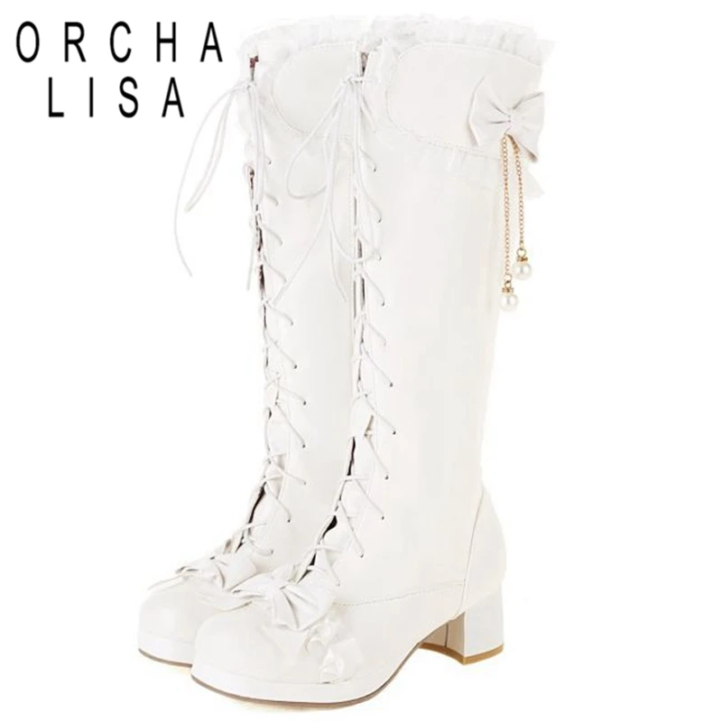 

ORCHALISA Lolita Styles Knee High Boots ботинки женские Girls Square Toe Block Heels Zipper Lace-up Bowtie Big Size 30-48 S2704