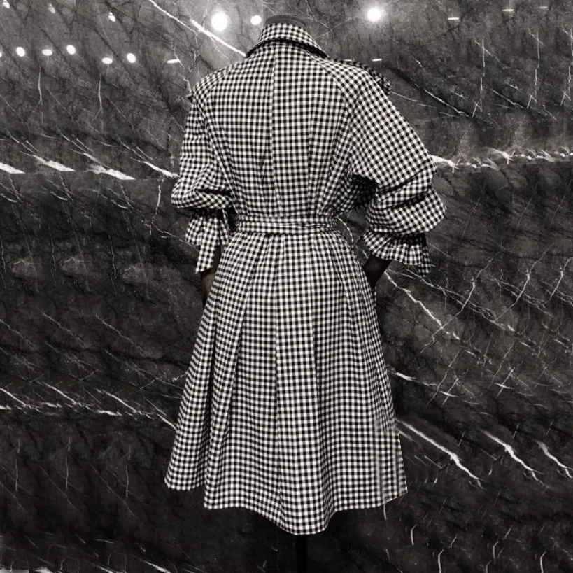 

Women's New year Spring Checked Trench Coat vintage elegant women coats and jackets Female plaid Outerwear