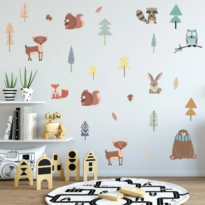 Наклейка на стену в виде мультяшного леса животных милая лиса медведь Сова