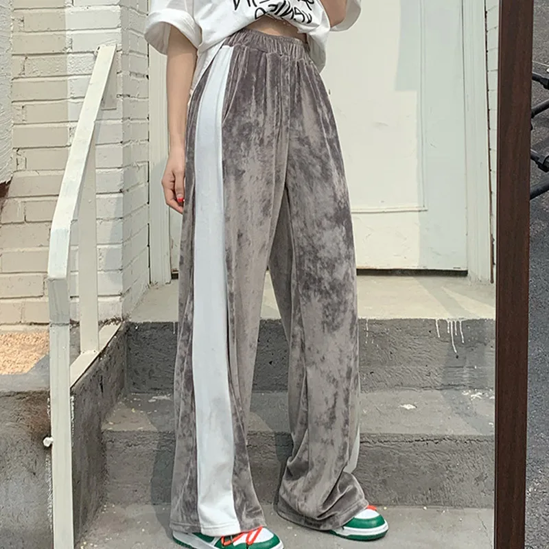 Pantalones de pierna ancha a rayas para mujer,G60 ropa de calle Harajuku, de terciopelo elástico, Estilo Vintage coreano