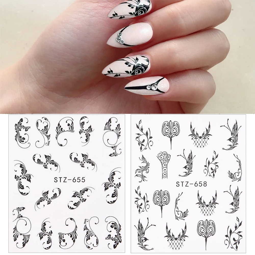 1 шт. простые наклейки для дизайна ногтей черные цветы перо Дизайн Линии
