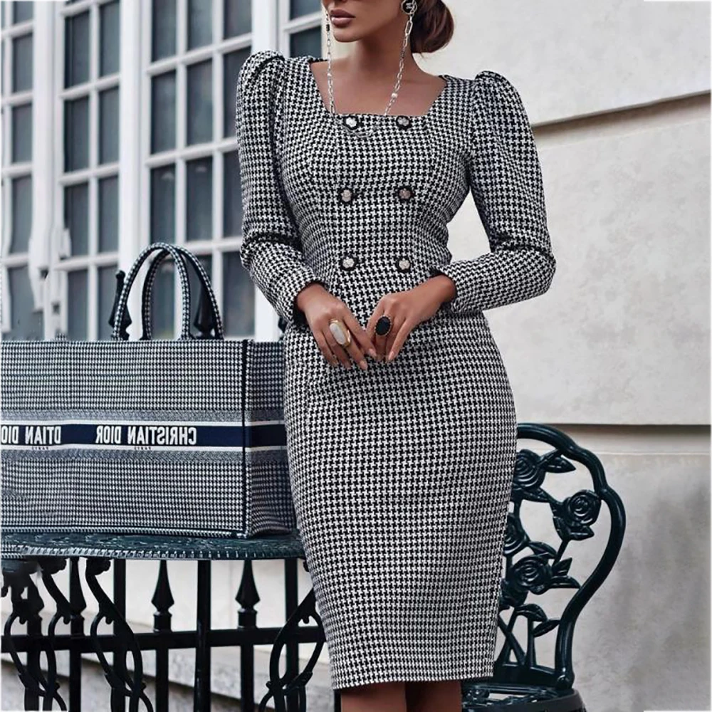 

Fashion Houndstooth Long Sleeve Women Dress 2021 New Casual Square Neck Zipper Plaid Print High Waist Midi One Step Skirt Woman