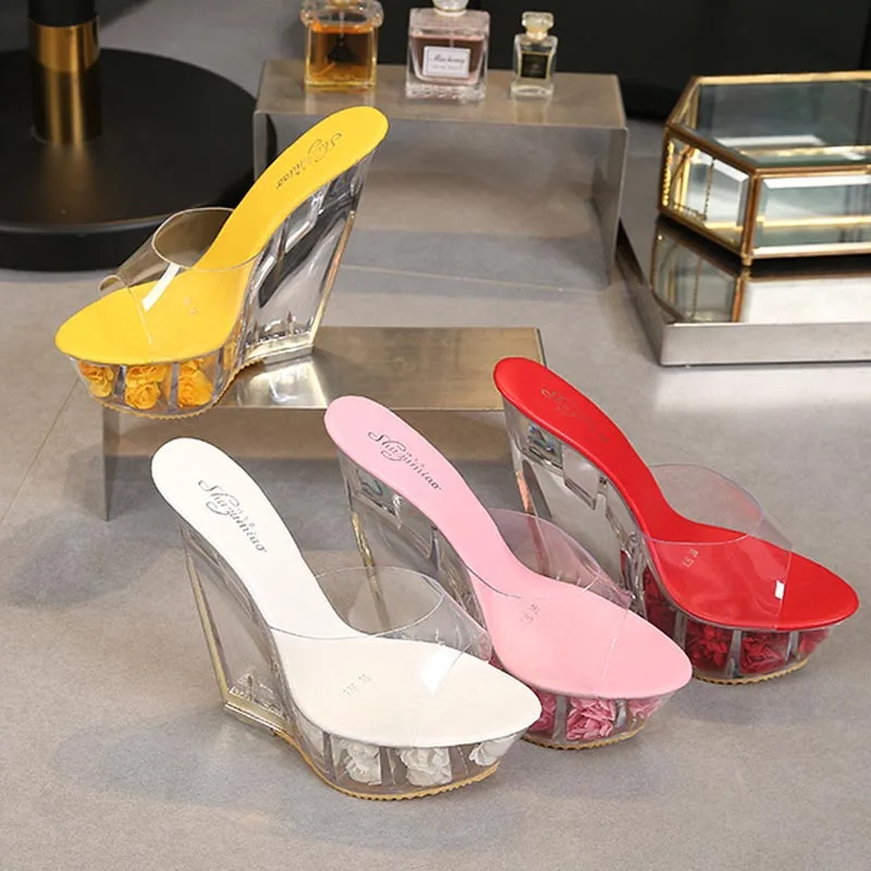 

HOKSZVY 126 Series 10/15cm Heel 3/5cm Platform Transparent Special-shaped Crystal Slipper Wedges Women Sandal LFD