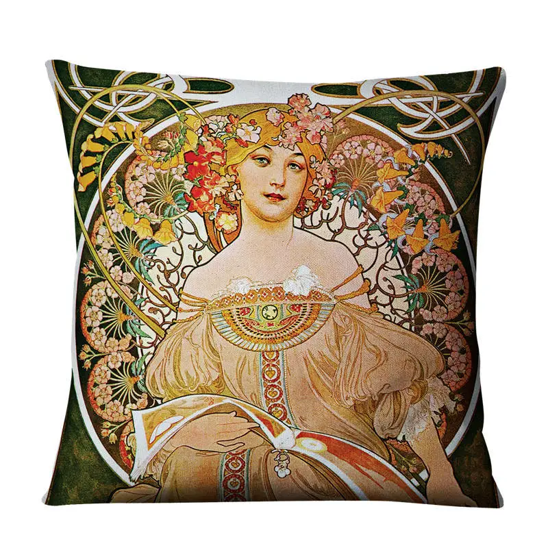 classical mucha gallery beauty linen decorative throw green pillows case set decor home cartoon cushion covers for sofa car free global shipping