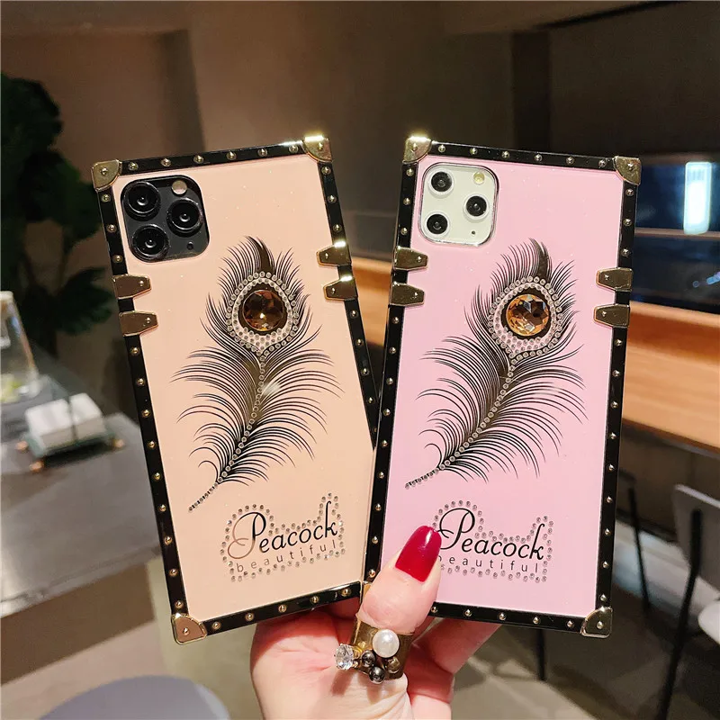 

Luxury Square Bling Diamond Feather Phone Case For iPhone 13 12 11 Pro SE 7 8 Plus XR Xs Max Fashion Glitter Jewel cover Coque