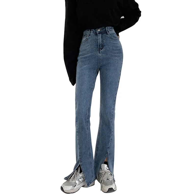 

High-waist Stretch Drape Micro-slit Jeans Women's 2021 New Wide-leg Split Flared Pants Jean Taille Haute Femme Straight Jeans