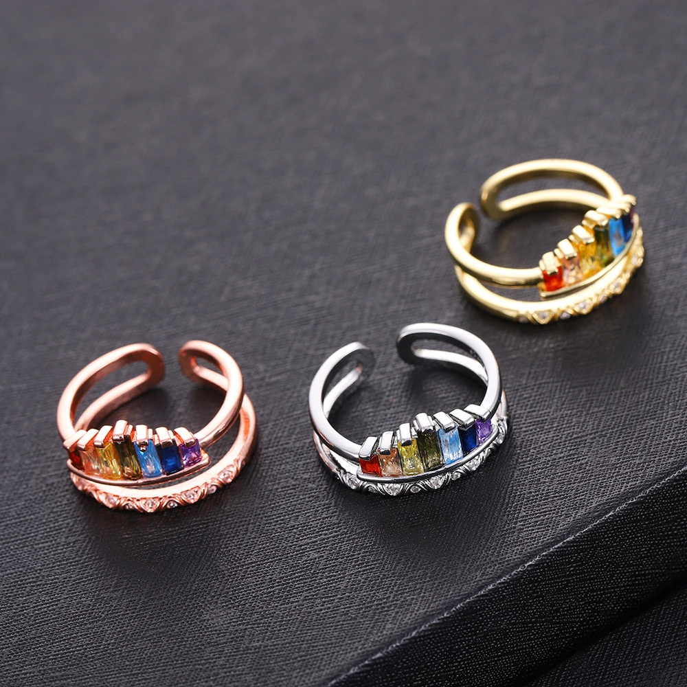 

Hot Sale Luxurious Crown Rainbow Rings Geometry Double Band Rainbow Multicolor Opening Adjustable Ring Femmal for Party