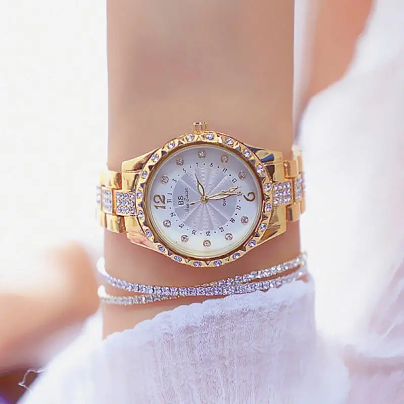Bs Bee Sister New Gold Watch Women Crystal Stainless Steel Ladies Quartz Wrist Watches Female Waterproof Clock Relogio Feminino