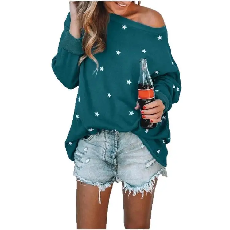 Осень женская футболка с длинным рукавом звезда открытыми плечами Хлопок