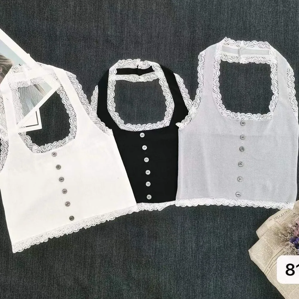 

Sexy Lace Hem Black Halter Crop Tops Y2k Goth Dark Sweet E-Girl Patchwork Knitted Bottoming All-match 2021 Summer Women Clothes