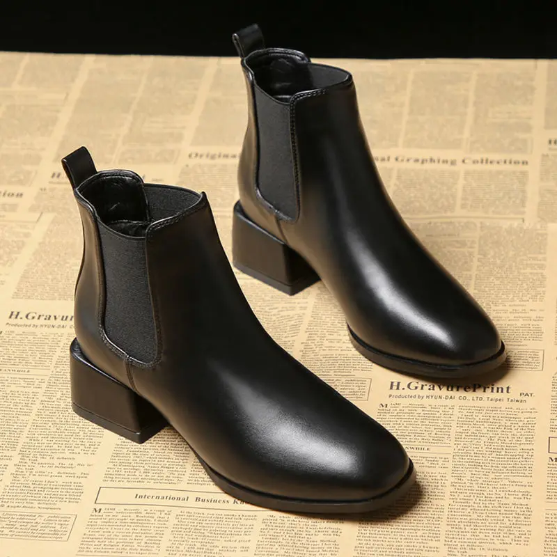 

2021 Women's Fashion Chelsea Boots PU Leather Warm and Cotton Fur Winter Boots Ladies Black Ankle Boots Botas Femmes Bottes