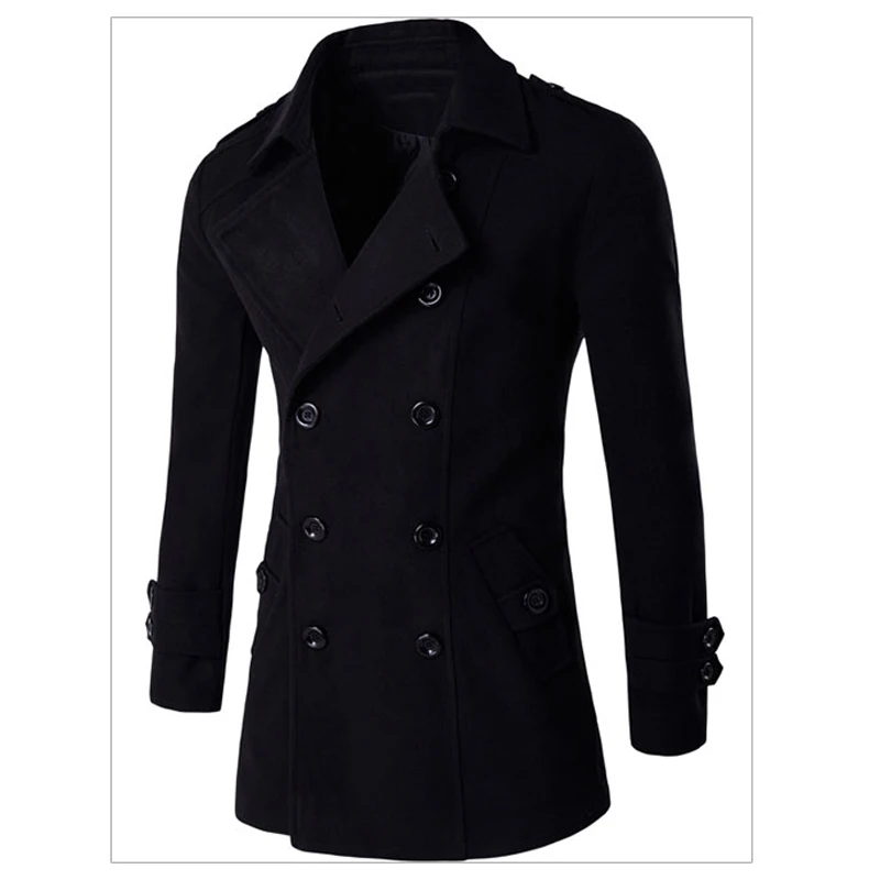 Мужское двубортное пальто из смешанной шерсти облегающее повседневное