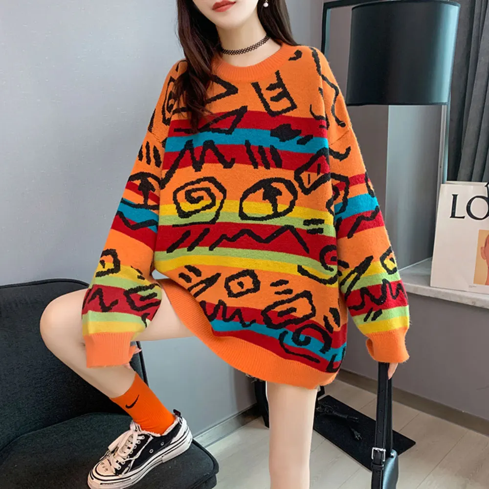 

ZOTTSOZ Knitwear Korean Harajuku Casual Loose Jumpers Knitted Color Striped Sweater Fashion Women 2021 Pullover Tops Streetwear