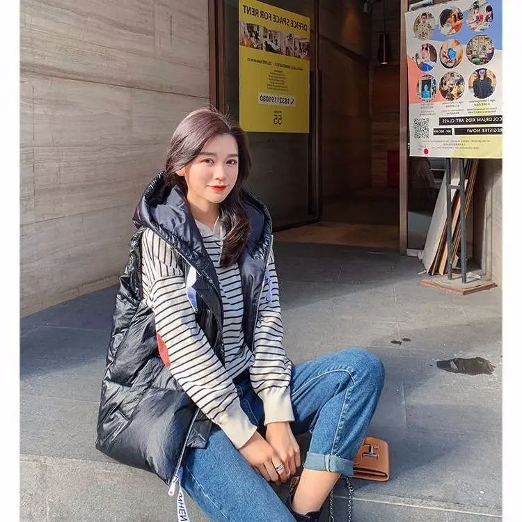 2020 Autumn Winter New Style Korean-style Thick Bright Surface Cotton Vest Student Loose Hooded Parka Gilet Coat | Женская одежда