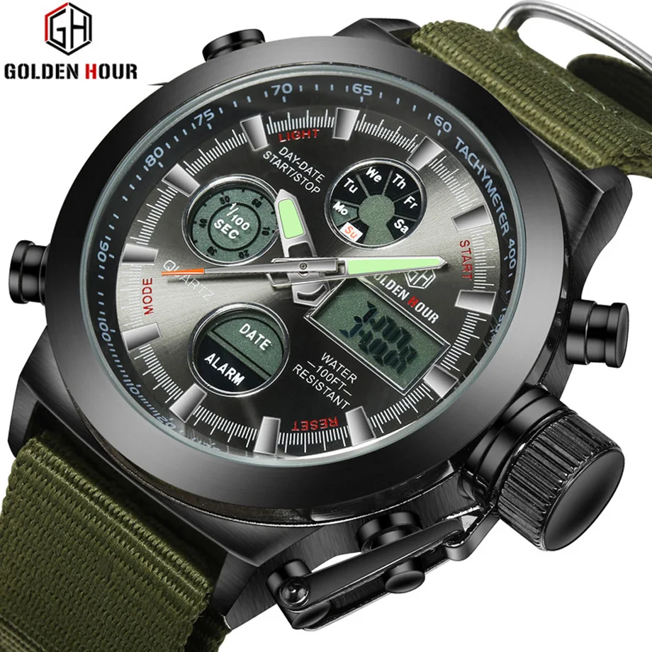 GOLDEN HOUR Sports Men's Watches Top Brand Luxury Military Quartz Watch Men Waterproof Shock Male Clock relogio masculino 2021