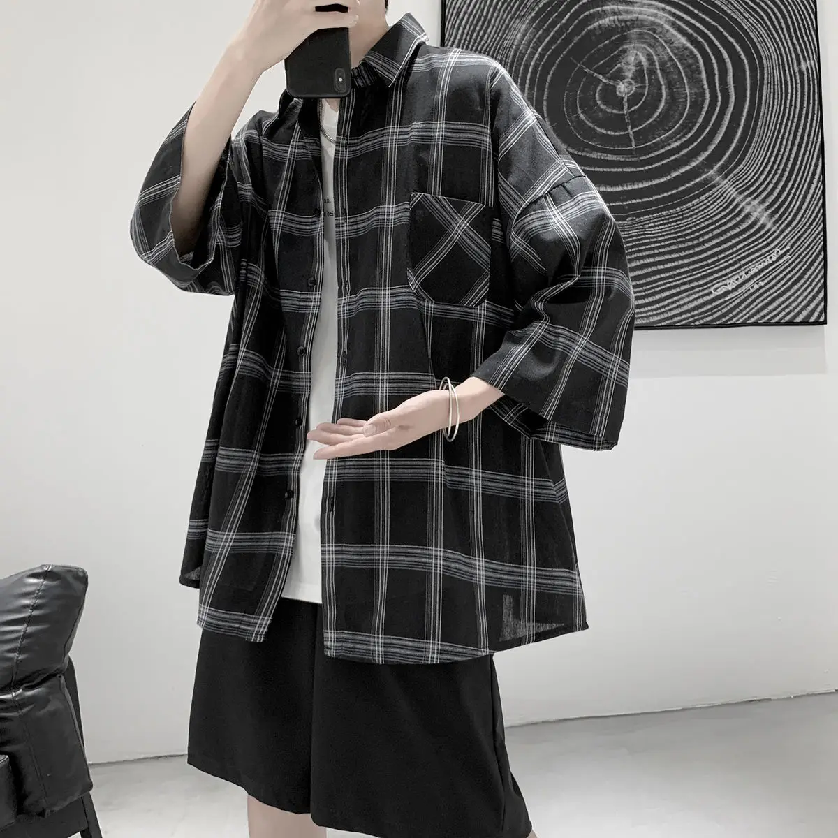 

2020 летние мужские шорты с рукавом клетчатая гавайская рубашка с принтом Солнцезащитная Мужская рубашка Camisa Masculina уличная мода мужские рубашки