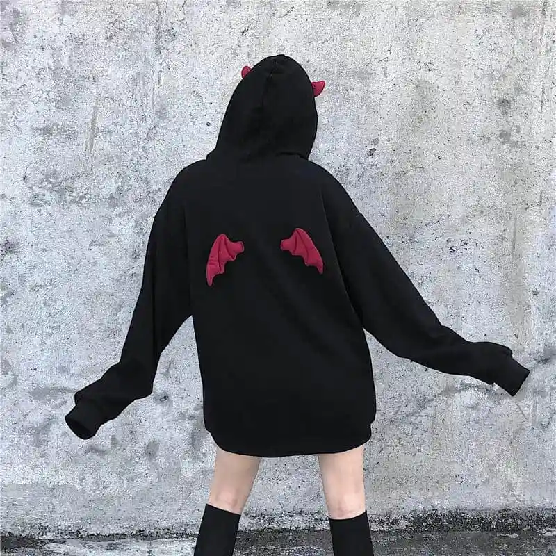 Fall Winter Women Sweatshirts High Street Harajuku Cute Hoodies Punk Gothic Devil Horn Chic Hooded Pullover Loose Sweat | Женская одежда