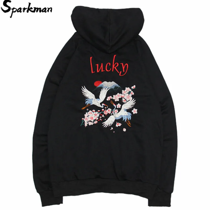 2019 хип-хоп Уличная вышивка Lucky Crane цветочный свитер с капюшоном для мужчин
