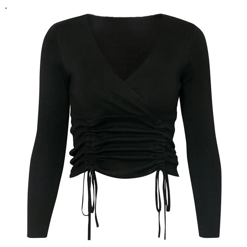 Модные женские вязаные топы с v образным вырезом и завязками весна 2020 тонкий
