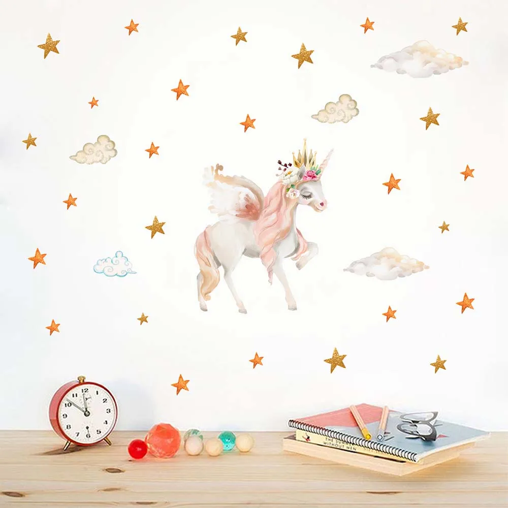 Настенные Стикеры Декор единорог со звездами облаками Детская настенная