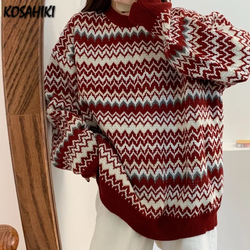 

KOSAHIKI Women Autumn Winter New Rainbow Sweater Pullovers Vintage Female Loose Striped Knitted Tops Casual Lady Sweaters